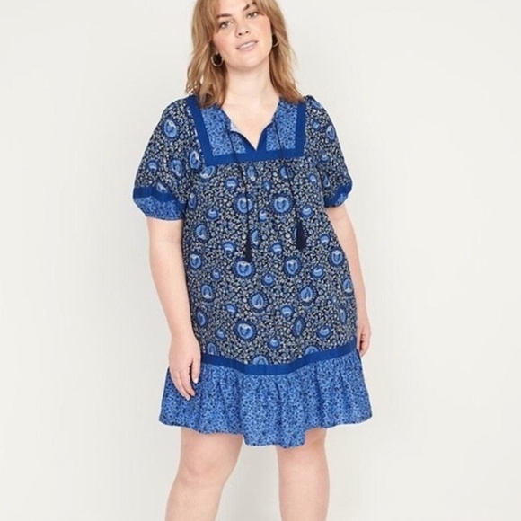 Old Navy Puff-Sleeve Printed Mini Swing Dress 3X – Split Neck, Tassel Ties - Picture 1 of 11